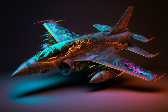 Neon Rainbow Coloured Futuristic Fighter Jet Illustration of stealth bomber from the future. Postproducted generative AI digital illustration.
