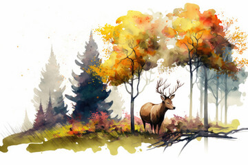 Digital watercolor painting European forest in autumn with trees and wildflowers with deer in a landscape 