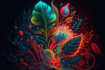Large Jungle Plant Leafs Neon Colour Explosion - this pattern of beautiful colourful leaves gives an exotic yet organic design of magic - Postproducted generative AI digital illustration.