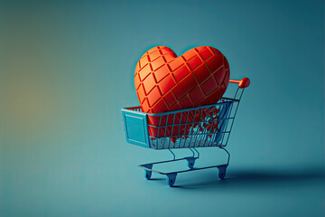 Red paper heart in a shopping cart against blue background 