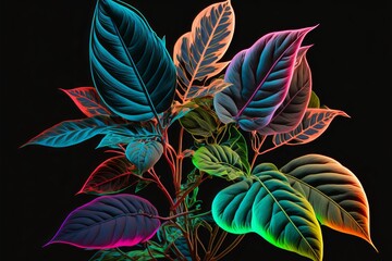 Colorful Leaves from Tropical Rainforest Jungle Plants with backdrop as decoration for design to show the magic of the forrest. Postproducted generative AI digital illustration.