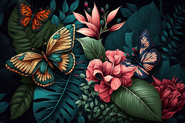 Tropical background wallpaper of palm leaves and roses with colorful butterflies