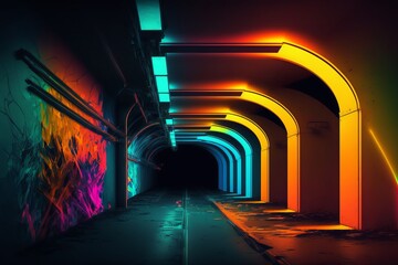 Neon Colours Tunnel of Futuristic Racetrack in Urban Fast and the Furious Tokyo setting. Post produced generative Ai illustration