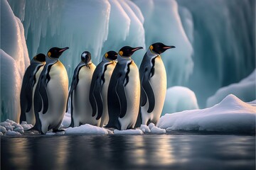  a group of penguins standing next to each other on a ice covered ground with a waterfall in the background and ice chunks in the background.  generative ai