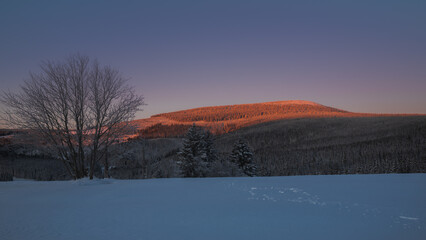 Magical winter scenery early morning when the sun wakes up. Fantasy atmosphere at early sunrise on Bohemia mountains. 