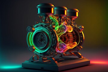 Futuristic Neon Combustion Device Reactor in abstract rainbow colors. This high tech cylinder is an invention from a C.I.A. experiment. Ai Generative Illustration - obrazy, fototapety, plakaty