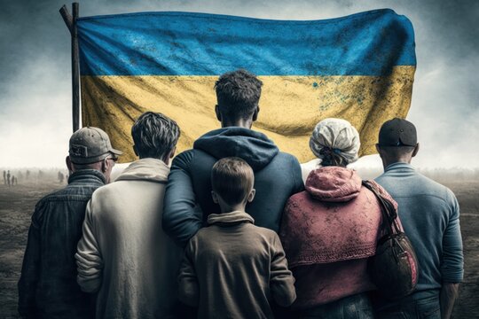 Crowd of Ukrainian refugees from war in Ukraine with staff and children. Refugees, war and economy crisis. Ukrainian yellow and blue flag.