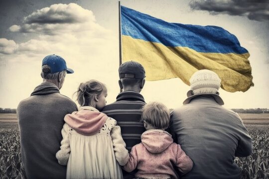 Crowd of Ukrainian refugees from war in Ukraine with staff and children. Refugees, war and economy crisis. Ukrainian yellow and blue flag.