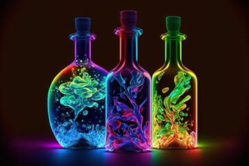 Obraz na płótnie Canvas Abstract Neon Glass Bottles with Cork, Abstract Futuristic Clear Water style with flowers - Post produced AI generative Illustration