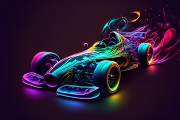 Futuristic Formula Car Backdrop Vector in Neon Rainbow Colors High Speed Concept Design Sport Car with Colourful Rainbow Pattern - Post Produced Generative Ai Illustration