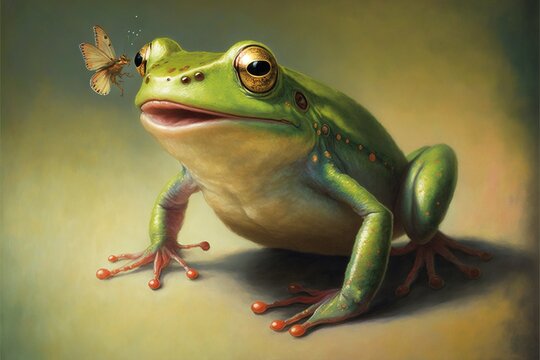  a painting of a frog with a butterfly on it's nose and a butterfly on its nose, sitting on the ground, with a green background.  generative ai