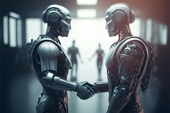 Meeting of two robots with a handshake. The concept of artificial intelligence taking over the world, AI generated