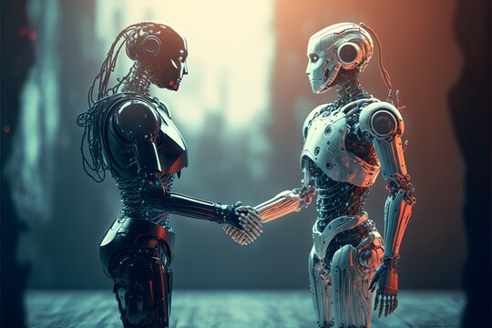Meeting of two robots with a handshake. The concept of artificial intelligence taking over the world, AI generated