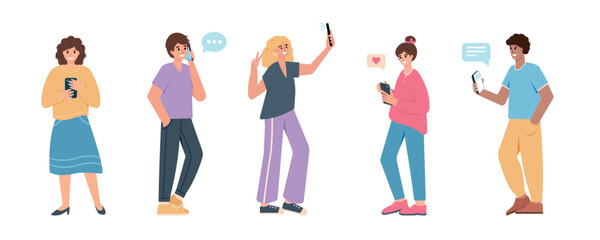 Set of Young smiling people using smartphones for Communication, talking, chatting in social media. Men and women holing phones. Vector illustration isolated on white background.
