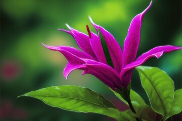 Fototapeta premium a close up of a purple flower with a green leafy back dropper in the foreground and a blurry background in the background. generative ai