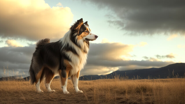 An Australian Shepherd Dog is standing on a grassy plain, with mountains in the background. Generative AI