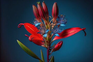  a close up of a red flower with blue flowers in the middle of the petals and a green stem on the end of the stem.  generative ai