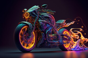 Abstract Neon Motorbike with trail of Fire. This Sport Motorcycle build for speed with high tech concept design. Ai generative illustration