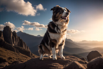 Naklejka na ściany i meble A majestic Australian Shepherd sitting on a rocky outcropping, gazing off into the distance, with mountains in the background. Generative AI.