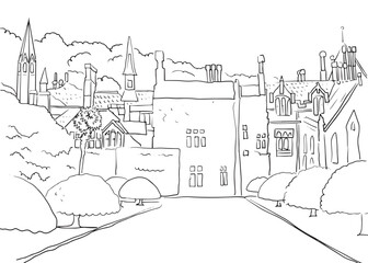 
City courtyard castle palace coloring book architecture building structures walls with windows and roofs, garden with trees in perspective road hand drawn
