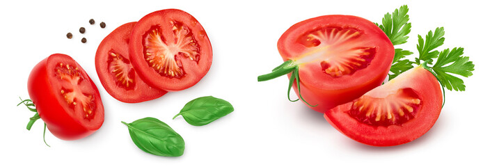 Tomato slices with basil and peppercorns isolated on white background with full depth of field. Top view. Flat lay