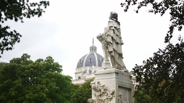 Mozart Monument in Vienna, Burggarten park. composer Wolfgang Amadeus Mozart. Travel destination for tourist visiting Austria. Europe summer tourism.