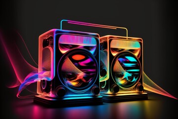 Retro Speaker Stereo Soundsystem in bright Neon Colours - For Party DJ Loud Sound Bar Club Nightlife Disco Graphic Design Concept - Ai generative Illustration