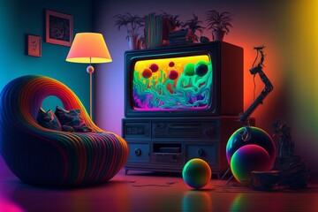 Obraz na płótnie Canvas Abstract Futuristic Room in Apartment Building with Television in Bright Neon Colours - Graphic Concept Design of Surreal Matrix Time Travel Artwork- Generative Ai Illustration
