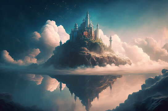 A castle floating in the clouds amidst a dreamy landscape