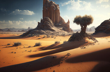 Fototapeta na wymiar Desert scene with a lone tree in the foreground