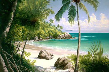 Naklejka na ściany i meble Beautiful illustration of a tropical beach with palm trees