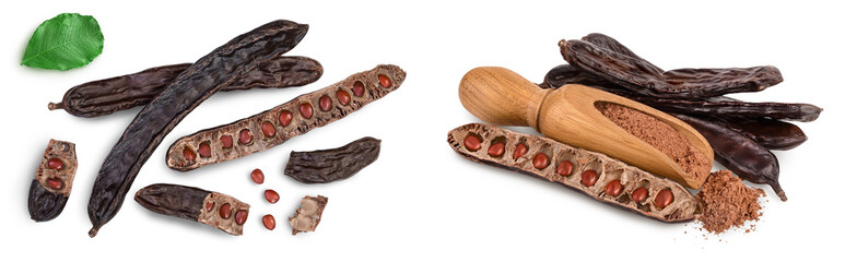 Ripe carob pods and bean isolated on white background with full depth of field. Top view. Flat lay