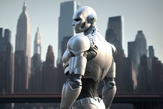 Futuristic 3D robot ,new you york city on background, Created with Generative AI technology.