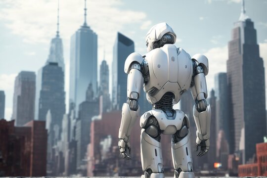 Futuristic 3D robot ,new you york city on background, Created with Generative AI technology.