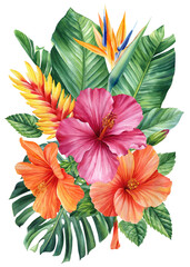 Palm leaves and tropical flowers Watercolor illustration. Bouquet with leaf and hibiscus isolated background.