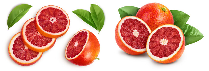 Blood red oranges with slices isolated on white background . Top view. Flat lay