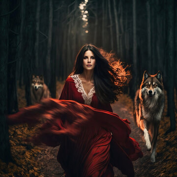 Generative ai beautiful woman in red dress running in the woods 