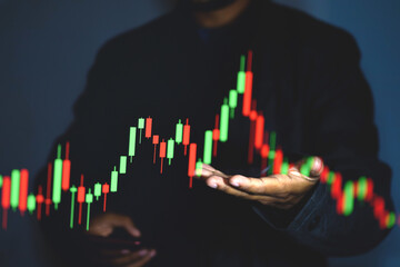 businessman professional trader touching screen stock market candlestick chart