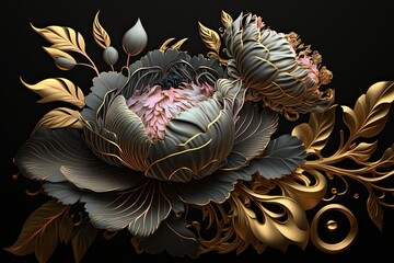 Golden peony bouquet. Generative AI. 