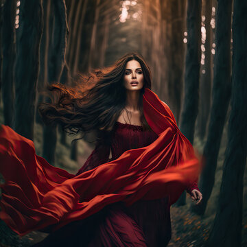 Generative ai woman in red dress running in the woods 