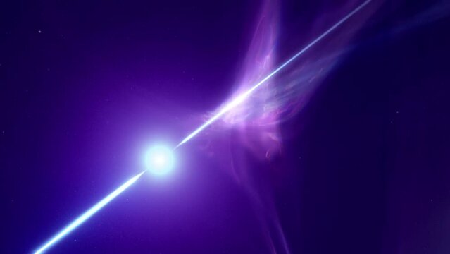 Rotating pulsar wrapped in nebula emitting high energy bursts in outer space. Astronomy concept 3D animation depicting blinking radiation flares of a magnetar or neutron star core in interstellar gas.
