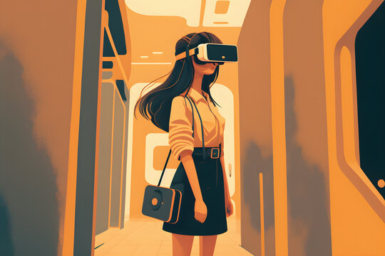 Young woman wearing VR headset exploring the metaverse, minimal and clean. 