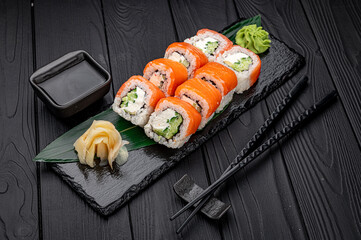 Classic Philadelphia sushi roll set with salmon and cream cheese.