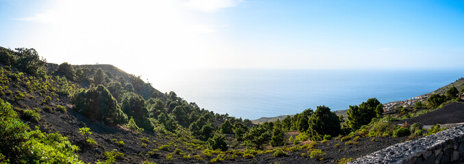 Panoramic view of Volcanic landscape, hillside in Fuencaliente in the park of San Antonio volcano , La Palma, Canary Islands.
