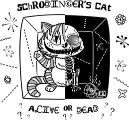 Black and white abstract illustration of Schrodinger s cat. White background.