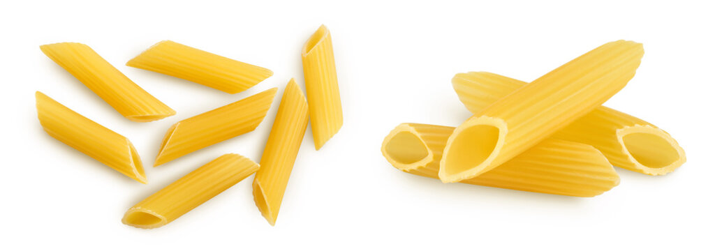 Raw italian penne rigate pasta isolated on white background with full depth of field. Top view. Flat lay