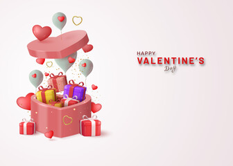 Realistic open heart shaped gift box with gifts hearts and balloons. Congratulations on Valentine's Day. Vector 3d illustration.
