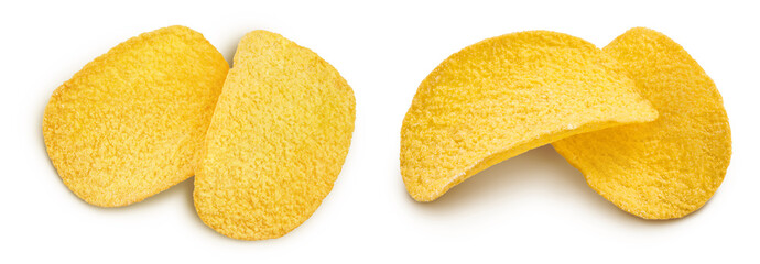 Potato chips isolated on white background with full depth of field. Top view. Flat lay.