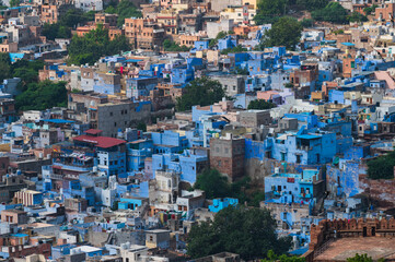 Aerial view of blue city,Jodhpur,Rajasthan,India. Resident Brahmins worship Lord Shiva and painted their houses in blue as blue is his favourite colour. Hence the city is named blue city.Tourist spot.