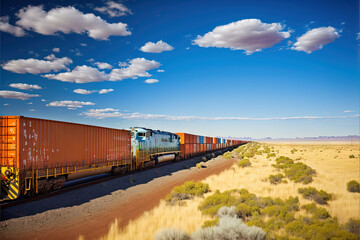 Obraz premium a train traveling through a rural countryside under a blue sky with white clouds and a few green bushes on the side of the track and a dirt road. generative ai